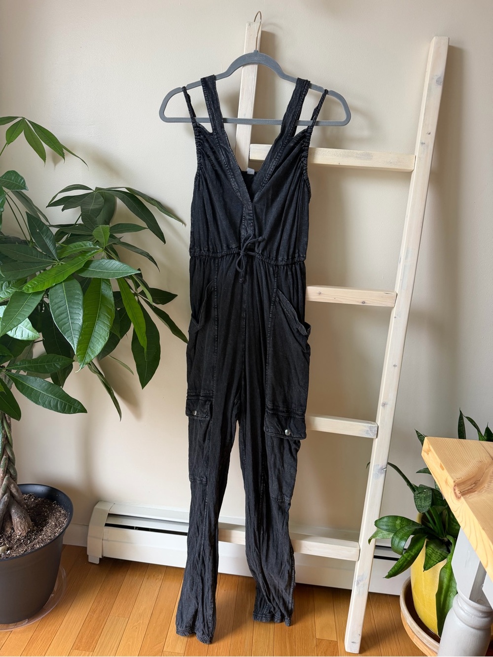 Black Women's Utility Cargo Jumpsuit with Drawstring Waist